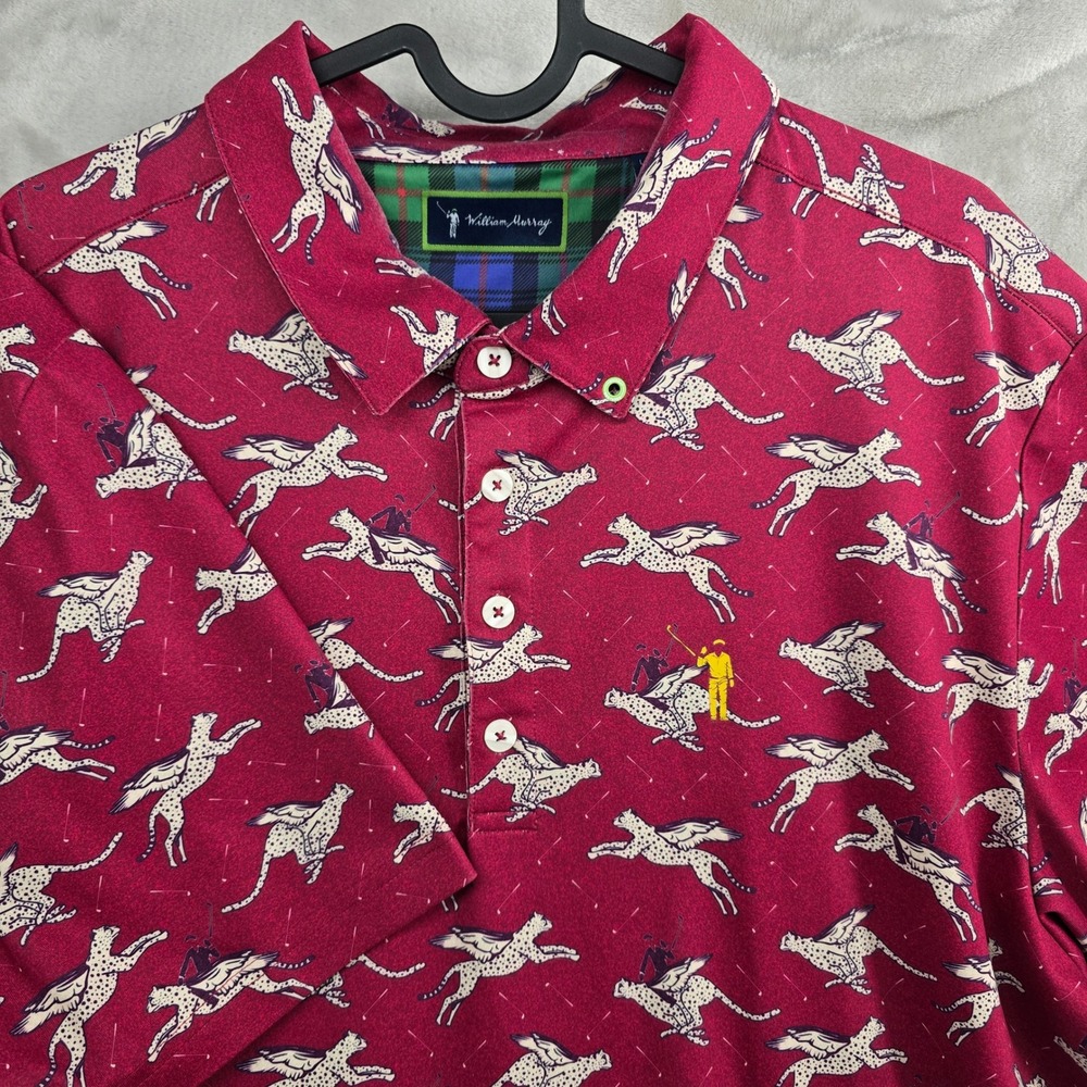 William Murray Size Large‎ Here Kitty Kitty Golf Cheetah Polo Shirt Burgundy Red
